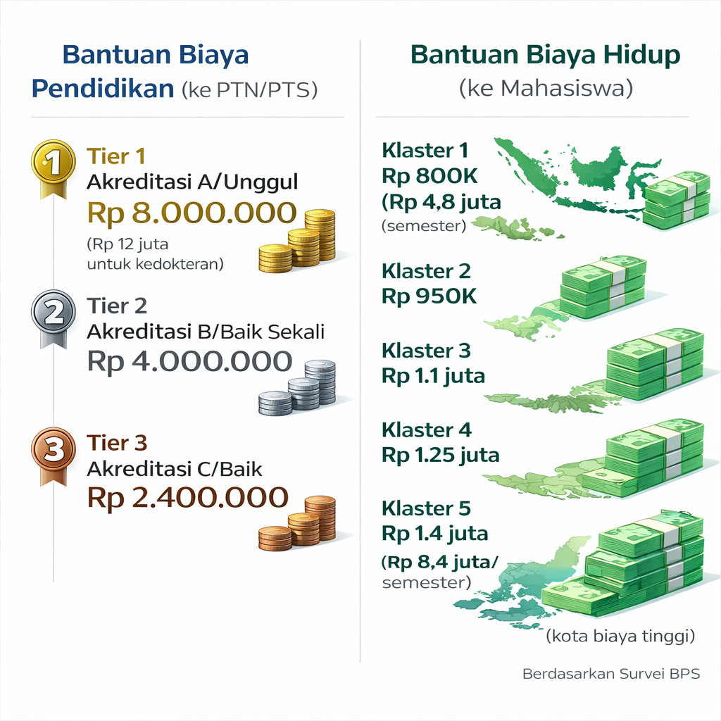 Breakdown bantuan KIP Kuliah 2026: biaya pendidikan Rp 2,4-12 juta per semester 
berdasarkan akreditasi prodi, biaya hidup Rp 800 ribu hingga 1,4 juta per bulan 
dalam lima klaster wilayah sesuai survei BPS Indonesia