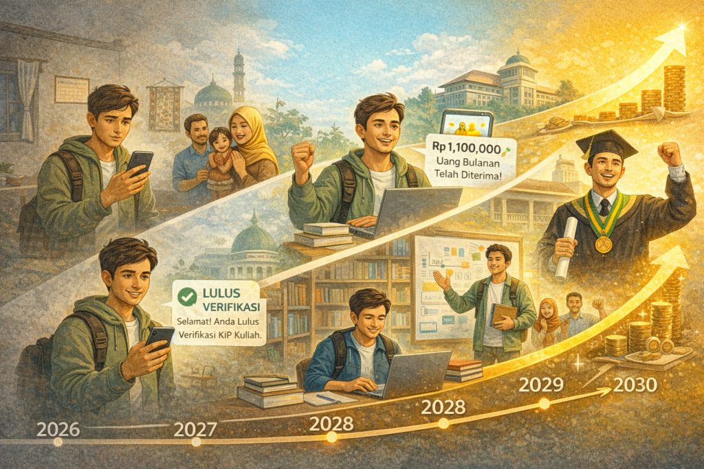 Perjalanan inspiratif penerima KIP Kuliah 2026 dari pendaftaran online, lolos 
verifikasi ekonomi, menerima bantuan biaya kuliah dan hidup bulanan, hingga 
wisuda sarjana memutus rantai kemiskinan keluarga Indonesia