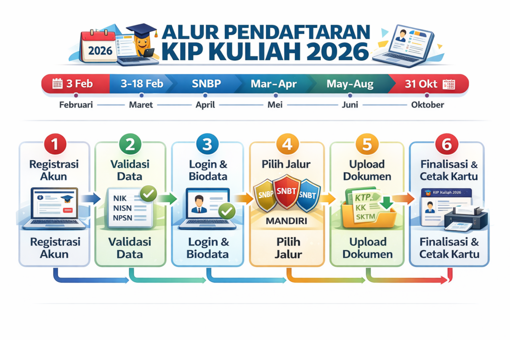 Infografis timeline pendaftaran KIP Kuliah 2026 dari 3 Februari hingga 31 
Oktober dengan enam langkah proses: registrasi akun, validasi data NIK NISN 
NPSN, biodata, pilih jalur SNBP SNBT Mandiri, upload dokumen, finalisasi