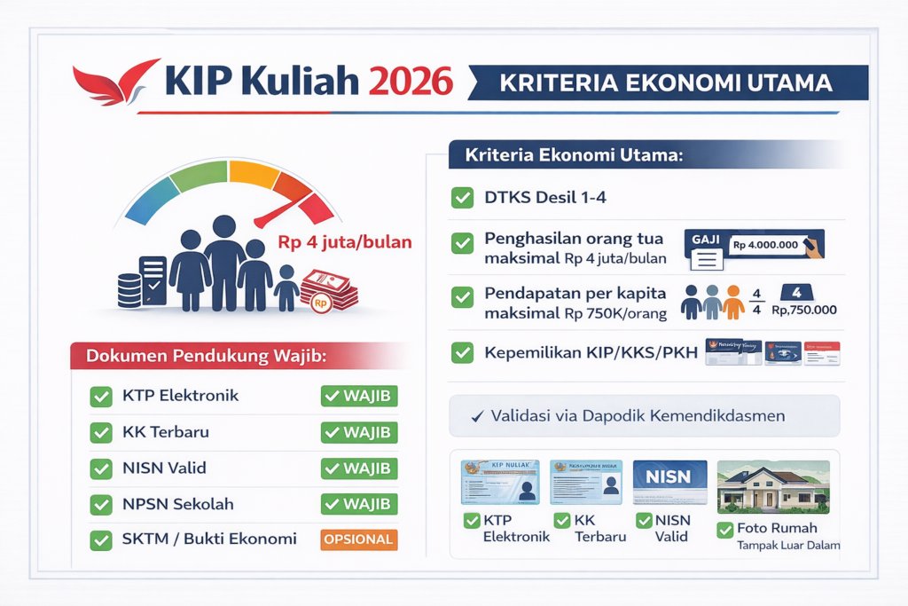 Checklist syarat ekonomi Beasiswa KIP Kuliah 2026: DTKS desil maksimal 4, 
penghasilan orang tua maksimal Rp 4 juta per bulan atau Rp 750 ribu per kapita, 
dilengkapi dokumen KTP KK NISN NPSN SKTM valid Dapodik