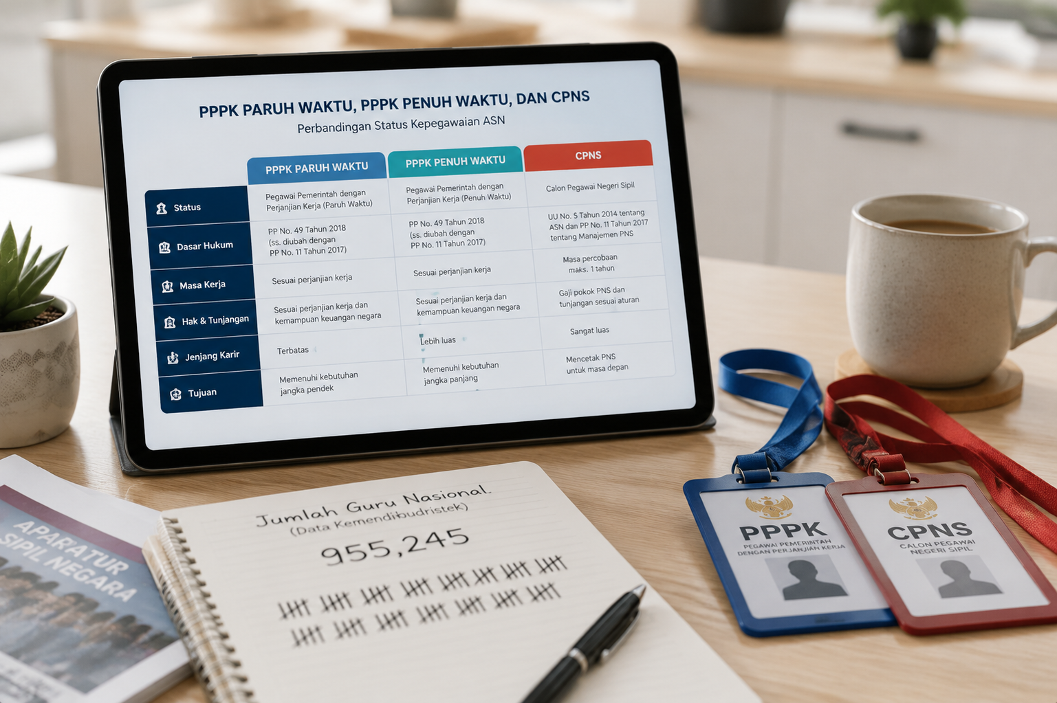 Guru PPPK Bisa Ikut Seleksi CPNS Mulai 2027 4 Infografik perbandingan status kepegawaian PPPK paruh waktu, penuh waktu, dan PNS pada layar tablet.