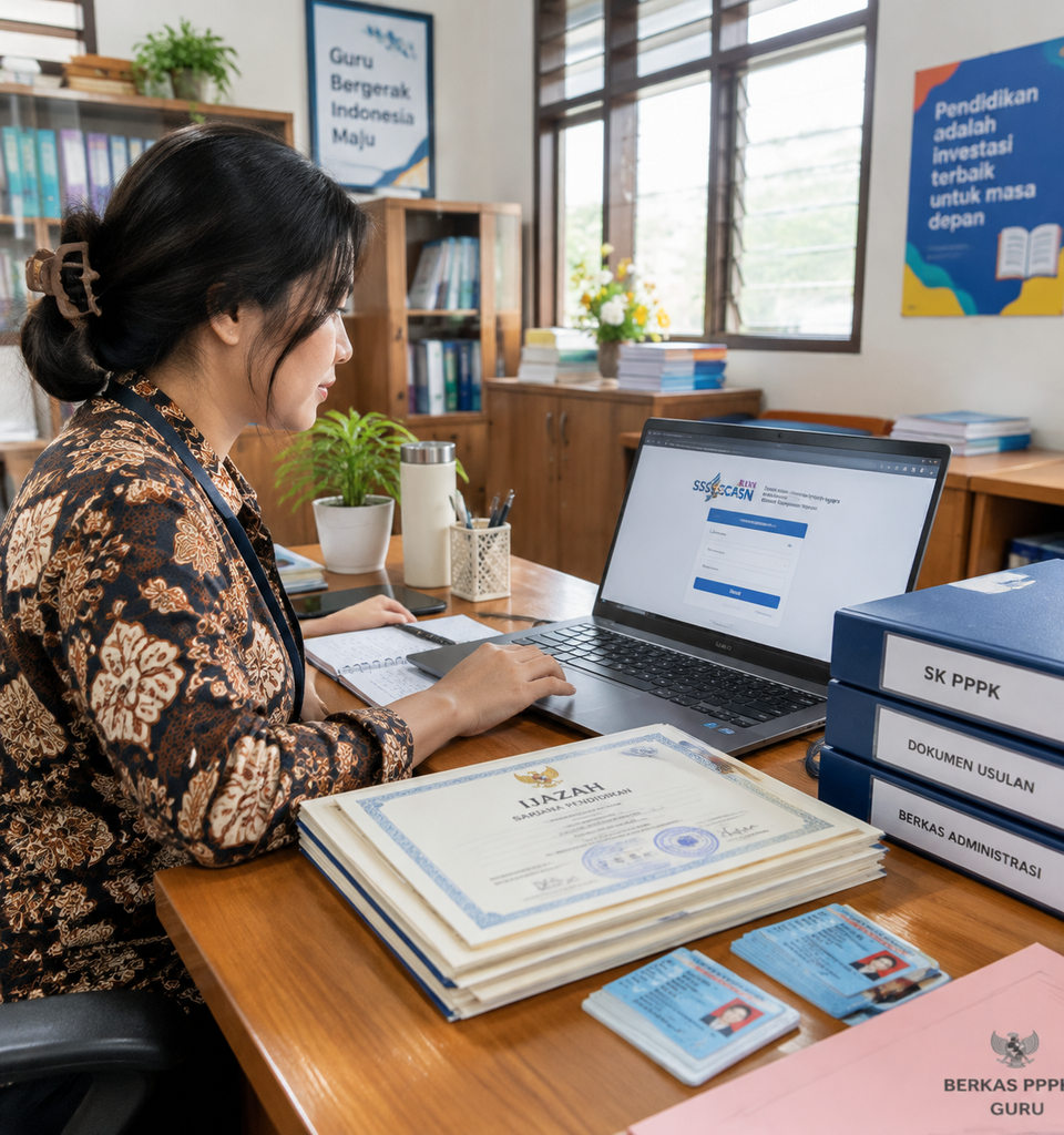 Guru PPPK Bisa Ikut Seleksi CPNS Mulai 2027 5 Guru memeriksa berkas kepegawaian dan mengakses portal SSCASN BKN di laptop untuk persiapan seleksi CPNS.