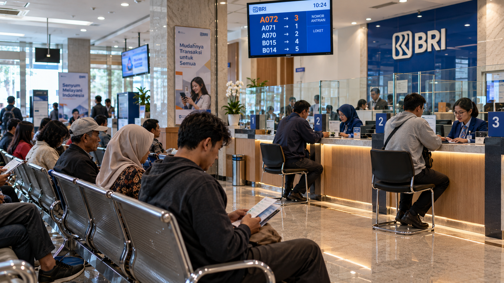 BSU 2026 Rp900.000 Segera Cair, Ini Syarat dan Cara Ceknya 11 Suasana antrean nasabah dan pekerja di lobi kantor cabang bank penyalur BUMN saat jam operasional perbankan.