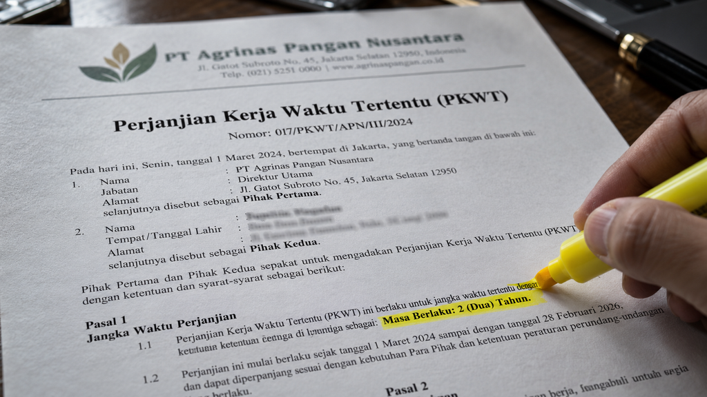 1550 Calon Manajer Kopdes Sempat Menolak, Kini Minta Penawaran Ulang 6 Dokumen Perjanjian Kerja Waktu Tertentu (PKWT) berdurasi dua tahun yang sedang diulas oleh seorang pelamar kerja dengan stabilo.