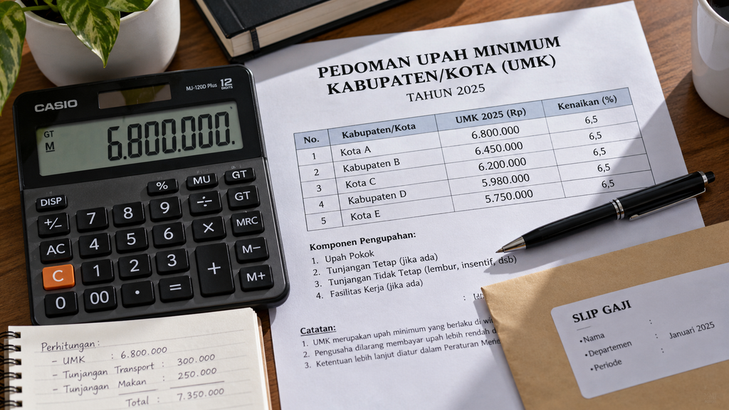 1550 Calon Manajer Kopdes Sempat Menolak, Kini Minta Penawaran Ulang 7 Kalkulator di atas lembar daftar Upah Minimum Kabupaten/Kota (UMK) untuk menghitung estimasi penghasilan Rp6,8 juta hingga Rp8,3 juta.