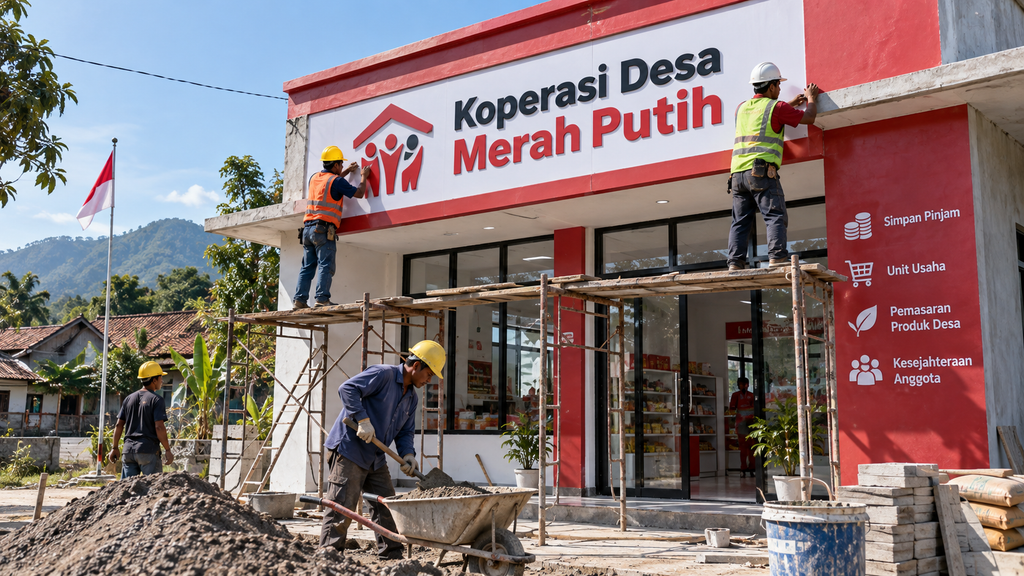 1550 Calon Manajer Kopdes Sempat Menolak, Kini Minta Penawaran Ulang 8 Pekerja konstruksi menyelesaikan pembangunan fisik bangunan Koperasi Desa Merah Putih di sebuah kawasan pedesaan.