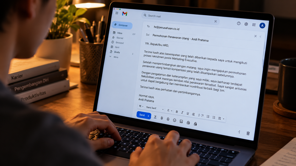 1550 Calon Manajer Kopdes Sempat Menolak, Kini Minta Penawaran Ulang 10 Seseorang mengetik email formal permohonan penawaran ulang kepada tim rekrutmen Agrinas melalui laptopnya.