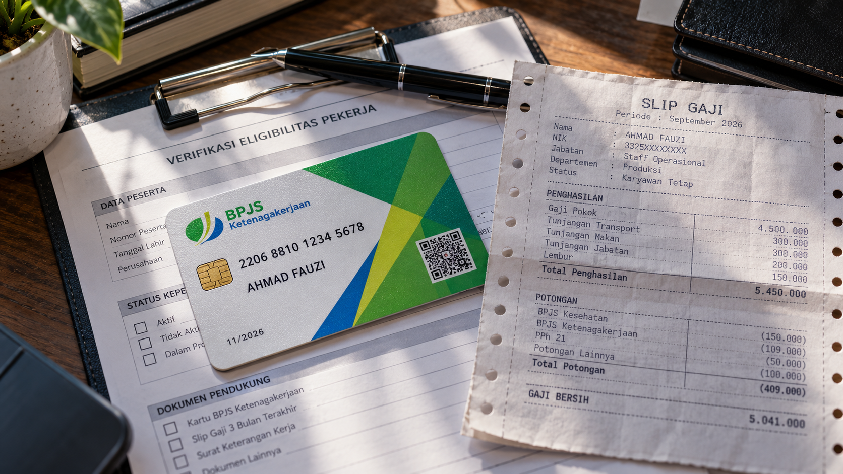 BSU 2026 Rp900.000 Segera Cair, Ini Syarat dan Cara Ceknya 6 Kartu fisik BPJS Ketenagakerjaan dan slip gaji bulanan pekerja di bawah Rp3,5 juta di atas meja administrasi personalia.