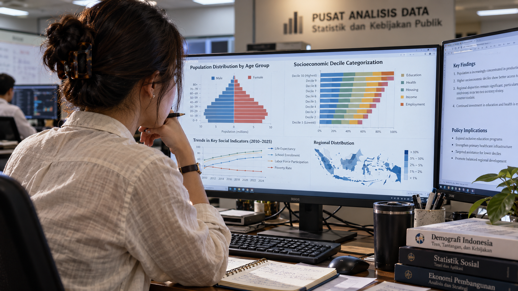 BSU 2026 Rp900.000 Segera Cair, Ini Syarat dan Cara Ceknya 7 Petugas pengolah data statistik meninjau grafik sebaran kelompok desil sosial ekonomi di layar monitor workstation.