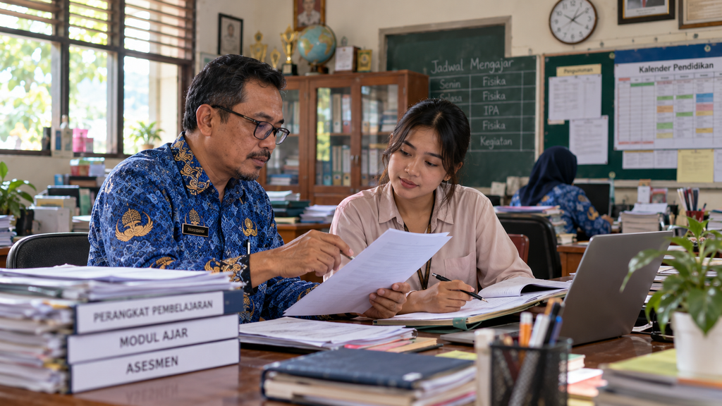 BSU 2026 Rp900.000 Segera Cair, Ini Syarat dan Cara Ceknya 8 Guru pegawai negeri sipil berseragam Korpri dan guru honorer berdiskusi di ruang guru sekolah dasar negeri.