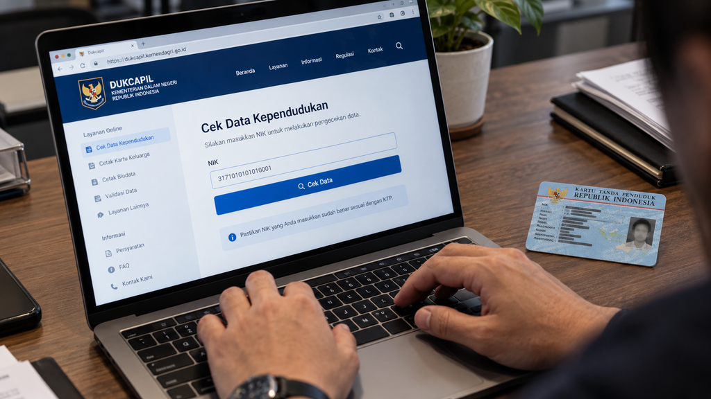 BSU 2026 Rp900.000 Segera Cair, Ini Syarat dan Cara Ceknya 9 Tangan seorang pekerja mengetik nomor induk kependudukan NIK pada laman resmi portal pengecekan status BSU di laptop.